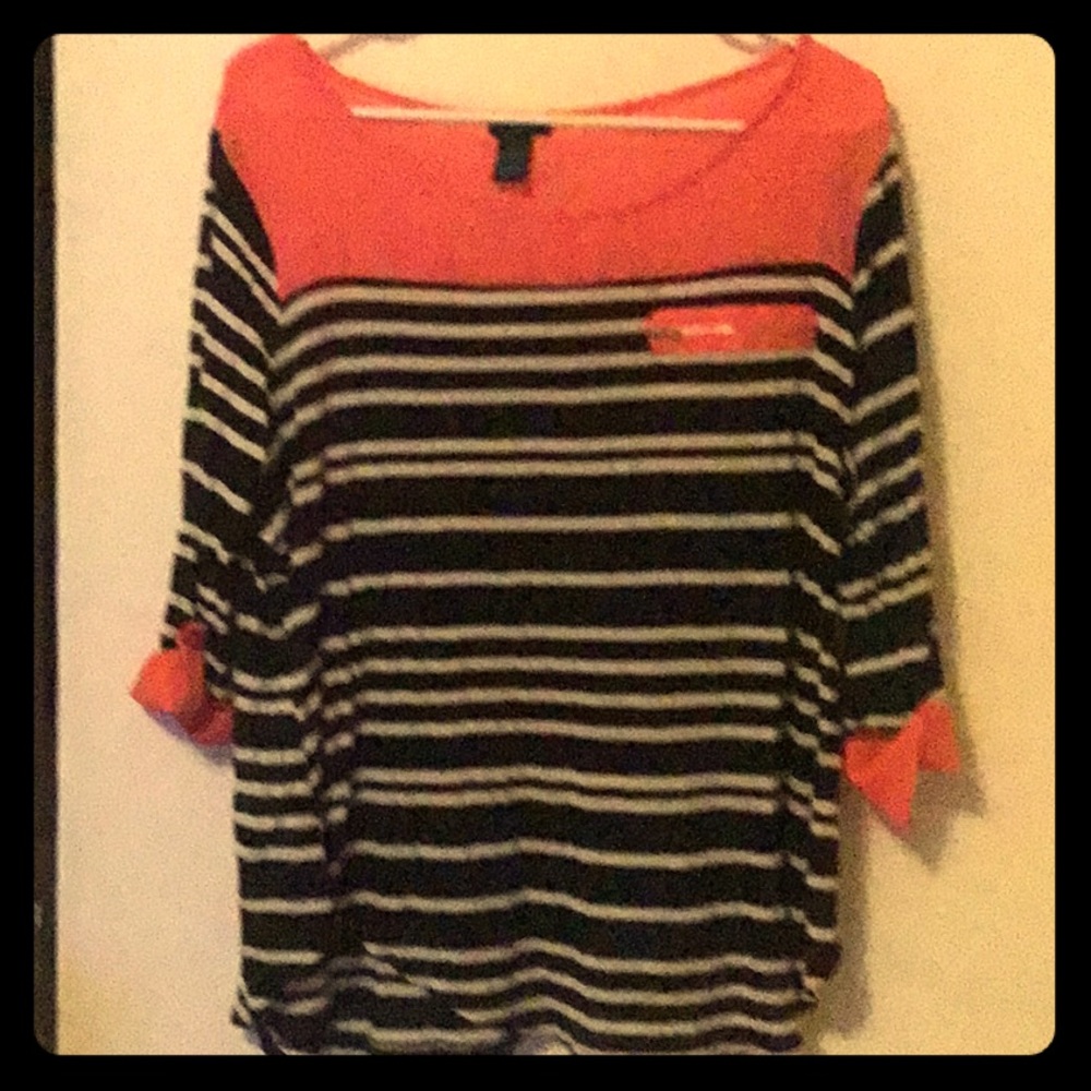 XL Striped Blouse with Pink Trims and Zipper Patch